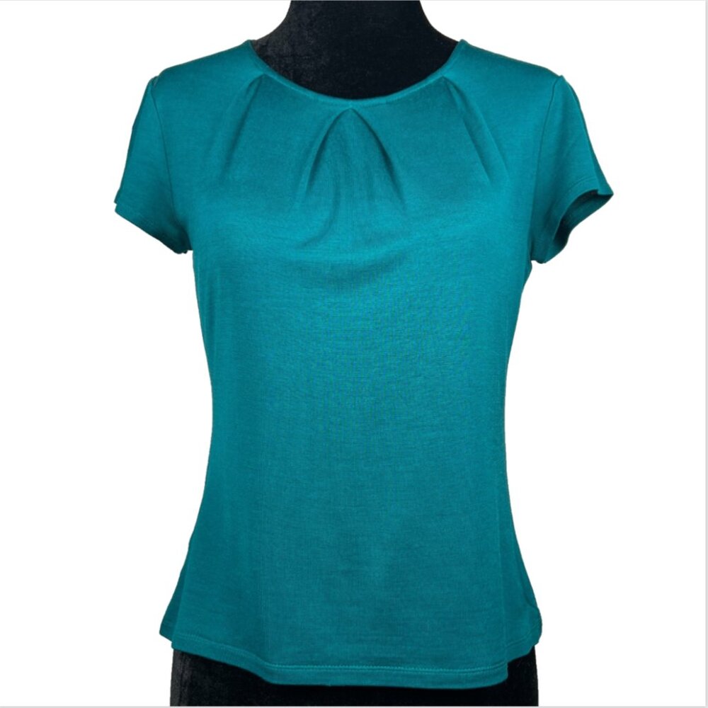 Ann Taylor Petites Sz PS Short Sleeve Blouse Teal Pleated Neckline Silk Blend